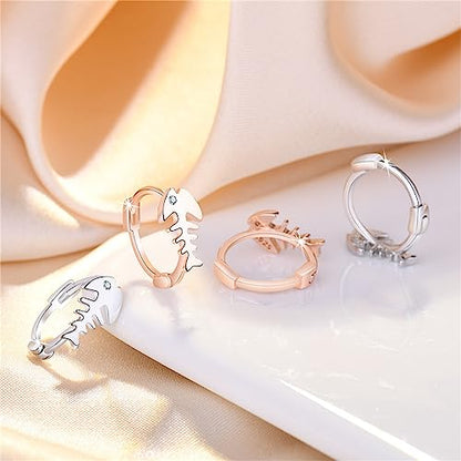 Fishbone Hoop Earrings for Women Gold Silver Plated Fish Skeleton Chic Cubic Zirconia Small Huggie Hoop Earrings for Ocean Sea Nautical Vacation Jewelry Accessories - color: Silver