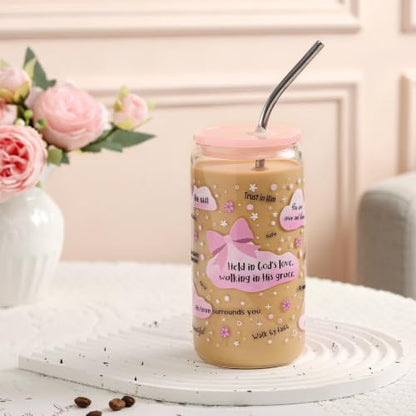 Christian Gifts For Women – Bible Verse Coffee Mug 16oz, My Daily Bible Affirmations Tumbler, Religious Gift & Bible Accessories for Sister, Iced Coffee Cups with Lid & Straw, Pink Bow Design - color: Pink bow