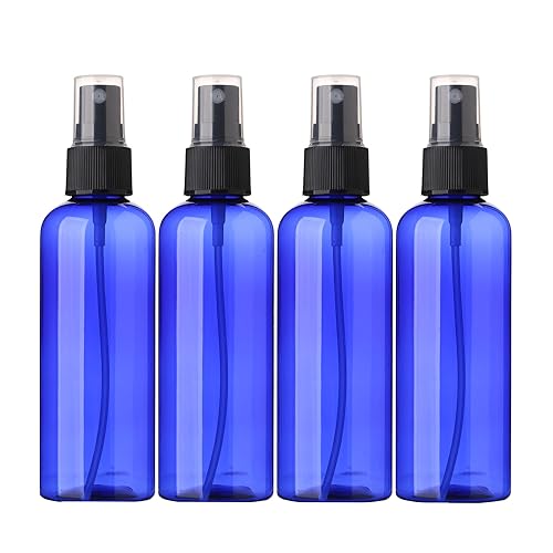 SINIDE Empty Spray Bottles 100 ml/3.4 oz, Blue Plastic Fine Mist Mini Travel Bottle Set, Portable Refillable Makeup Sprayer Containers for Perfume, Liquids, Aromatherapy, Cleaning Solution (4 Pack) - color: 100 ML 4 Pack (Blue)