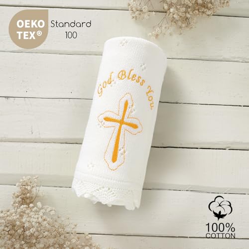 Baby Christening Blanket Cotton Soft Knit with Stitching Cross - color: White-glod