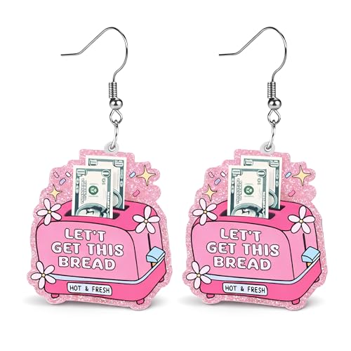 Christian Statement Earrings for Women, Acrylic Dangle Earrings, Lightweight Comfortable, Non Tarnish Hooks, Faith Jewelry, Religious Gift for Women - color: Let's Get This Bread Funny Pink Toaster