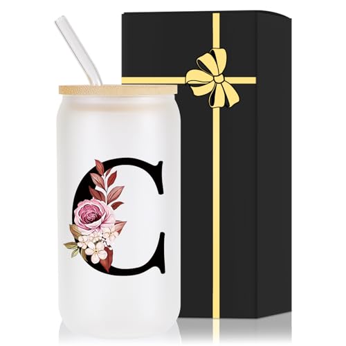 Monogrammed Glass Drinking Cup With Lid Straw Girlfriend Gf Gifts Future Mrs for Her Women Boyfriend 1 One Year Anniversary Meaningful Cute Romantic Christmas Xmas First Valentines I Love You More,C - style: Letter C