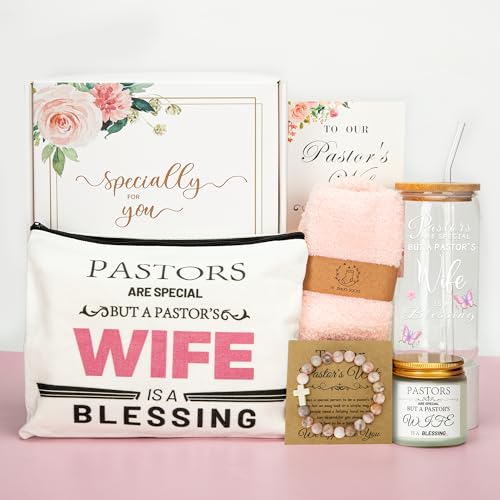 Pastor Wife Appreciation Gifts, 7 Pcs Pastors Wife Gifts for Women with 16oz Glass Cup, Lavender Candle, Fuzzy Socks, Cross Bracelet, Makeup Bag & Thank You Card for Birthday Retirement Anniversary - style: For Pastors Wife