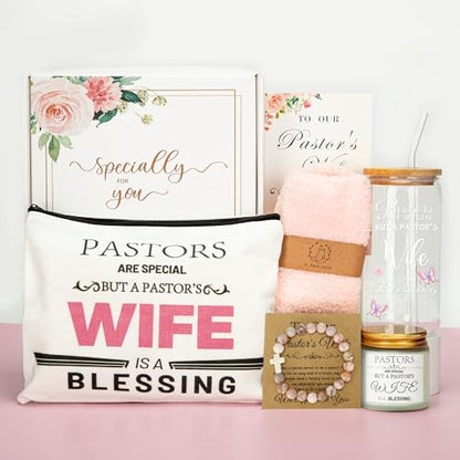 Pastor Wife Appreciation Gifts, 7 Pcs Pastors Wife Gifts for Women with 16oz Glass Cup, Lavender Candle, Fuzzy Socks, Cross Bracelet, Makeup Bag & Thank You Card for Birthday Retirement Anniversary - style: For Pastors Wife