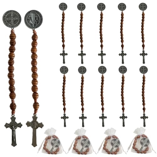 Bovemee Saint Benedict Medal Prayer Pocket Rosary Catholic Brown Wood Beads with Medalla de san benitol and Crucifix, 9 Inch - color: 12PCS AntiqueSilver