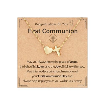 Baptism Gifts for Girls, 14K Gold Plated Heart Cross Necklace for Daughter Granddaughter Niece Sister Confirmation First Communion Christian Religious Gifts 16+3 Inches - style: First Communion Heart Cross Necklace