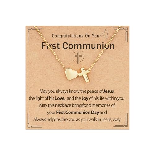 Baptism Gifts for Girls, 14K Gold Plated Heart Cross Necklace for Daughter Granddaughter Niece Sister Confirmation First Communion Christian Religious Gifts 16+3 Inches - style: First Communion Heart Cross Necklace