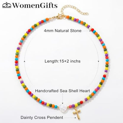 WomenGifts Colorful Beaded Cross Pendant Necklace, Trendy Heart Choker Jewelry for Teen Girls Women, First Communion Confirmation Baptism Catholic Religious Perfect Valentine's Gifts - color: Gold