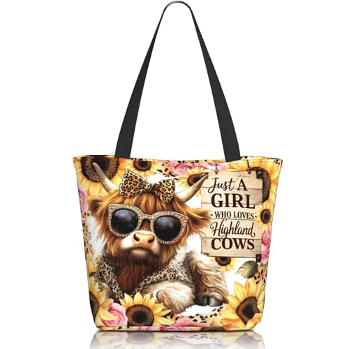 Christian Gifts Reusable Shopping Tote Bag Zippered Inspirational Tote Bags for Women Bible Verse Shoulder Bag - color: Highland Cow