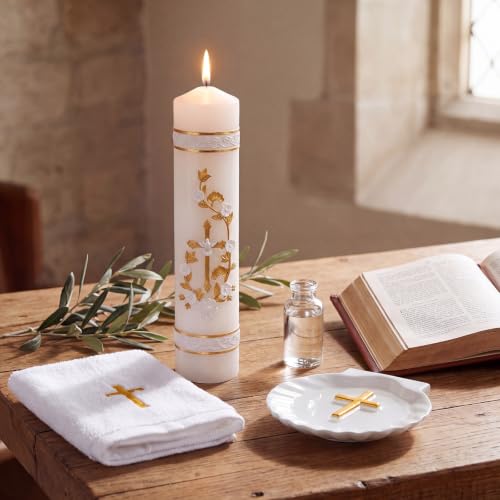 Lyrow Baptism Candle Set Complete Christening Gift Kit with Shell, Candle & Towel, White Gold Communion for Baptism, First Holy Communion, Catholic Sacraments(Vintage)