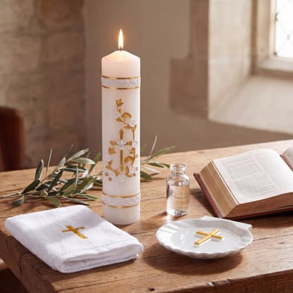 Lyrow Baptism Candle Set Complete Christening Gift Kit with Shell, Candle & Towel, White Gold Communion for Baptism, First Holy Communion, Catholic Sacraments(Vintage)