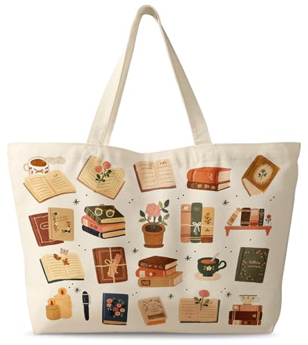Miss Adola Large Tote Bag for Women - Canvas Tote Bag with Zipper Aesthetic Reusable Shoulder Bag for Gym, Travel, Work - style: Book Coffee