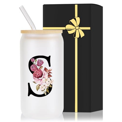 Monogrammed Glass Drinking Cup With Lid Straw Sympathy Bereavement Memorial Gift for Loss Father Dad Mother Mom Kids Husband Wife Loved Friends Pet Dog Cat Going Away Condolence Remembrance Grieving,S - style: Letter S