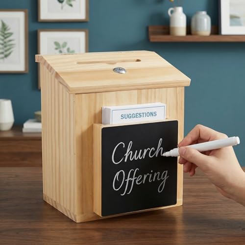 ZENFUN Wooden Suggestion Box with 50 Free Suggestion Cards, Natural Pinewood Ballot Comment Box Donation Box with Locking Hinged Lid for Countertop or Wall Mounted, 8.6" x 6.8" x 10"