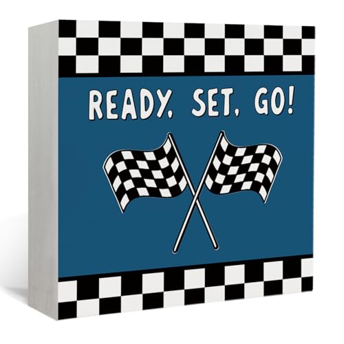 Lacama Race Car Boys Room Blue Ready Set Go Wooden Box Sign - color: Ready Set Go-Blue