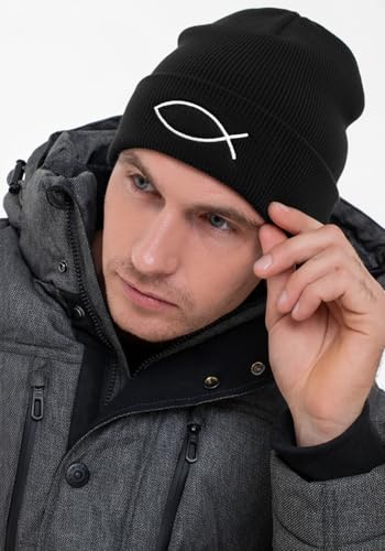 Christian Jesus Fish Beanie Hat for Men Women, Cuffed Beanie Jesus Hats, Religious Gifts for Christmas, New Years - color: Black, style: Fish