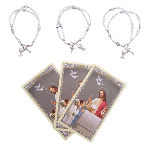 Wowser First Communion Double Strand Imitation Pearl Rosary Bracelet with Prayer Card, Set of 3, Sacramental Accessory, Religious Gift