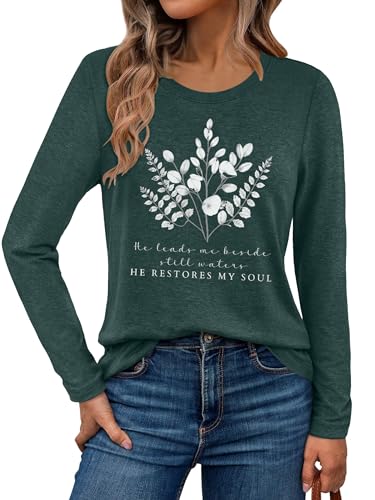 Christian Shirts for Women: Faith Over Fear T Shirt Religious Graphic Tee Bibel Verse Long Sleeve Tops - color: Green, size: Small