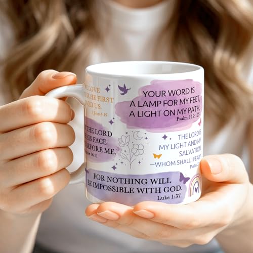 Purple Christian Coffee Mug Gifts for Women, Scripture Ceramic Cup with Bible Verse for Mom Grandma Church Friends, Daily Devotional Bible Study Gifts for Pastor, I Can Do All Things Through Christ