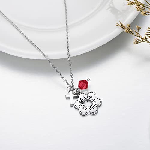 AOBOCO 925 Sterling Silver I Am a Child of God Daisy Necklace Jewelry Birthday Birthday Baptism Communion Gifts for Girls - color: Simulated Ruby