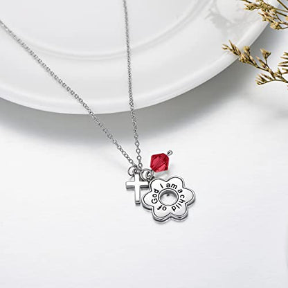 AOBOCO 925 Sterling Silver I Am a Child of God Daisy Necklace Jewelry Birthday Birthday Baptism Communion Gifts for Girls - color: Simulated Ruby