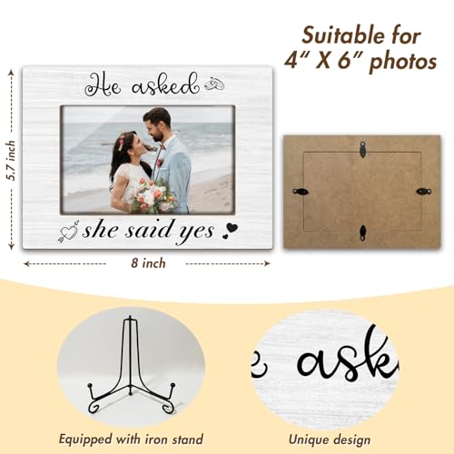 Wedding Gifts Wooden Picture Frames 4x6 - He asked, She said Yes, Engagement Photo Frame With Stand for Engaged Couples, Proposal Picture Frame Display Frame Desk Decor Home Decor (Horizontal) -31 - style: He asked, She said Yes