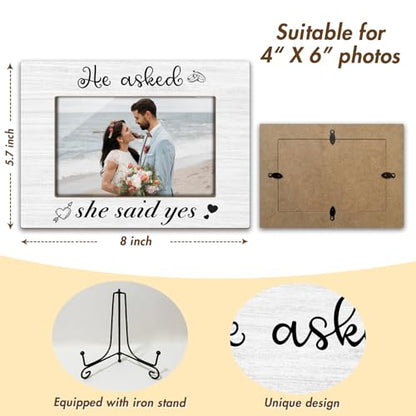 Wedding Gifts Wooden Picture Frames 4x6 - He asked, She said Yes, Engagement Photo Frame With Stand for Engaged Couples, Proposal Picture Frame Display Frame Desk Decor Home Decor (Horizontal) -31 - style: He asked, She said Yes