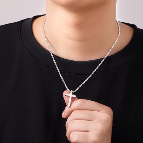 Fiusem Cross Necklace for Men, 2.5mm Rope Chain with Pendant - size: 26 Inch, style: Small silver cross: 1.2" * 0.73"