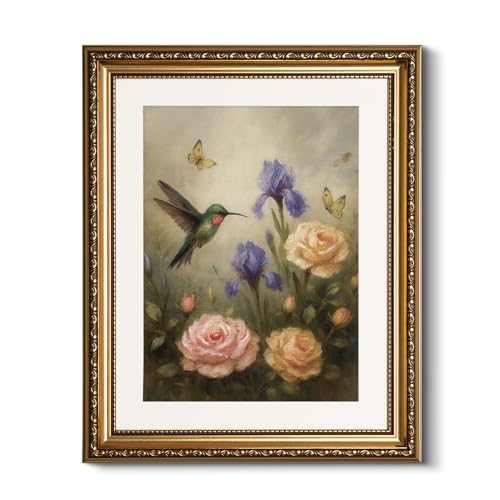 HUARCEY Vintage Gold Framed Floral Bird Canvas Wall Art 13x16 Inch - color: Hummingbird Rose, size: 16"L x 13"W