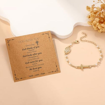 Catholic Bracelets Gifts for Women Girls, Simulated Pearl Rosary Beads Virgin Mary Cross Charm Bracelet Confirmation First Communion Baptism Religious Christian Jewelry Gift - color: God Bless Gold