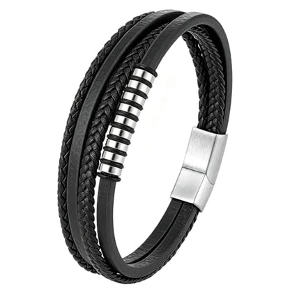 Kim Carrey Italian Handmade Leather Bracelets for Men - color: Thin Black, size: 8.2"
