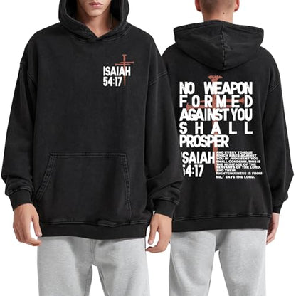 Christian Hoodies Men Jesus No Weapon Formed Against You Sweatshirts Faith God Oversized Acid Wash Graphic Pullover - color: Black, size: Small