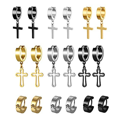 Cupimatch 3-6 Pairs Stainless Steel Cross Dangle Huggie Hinged Hoop Earrings for Men Women (1 Pair Silver Cross) for Mother's Day - color: cross-9pack
