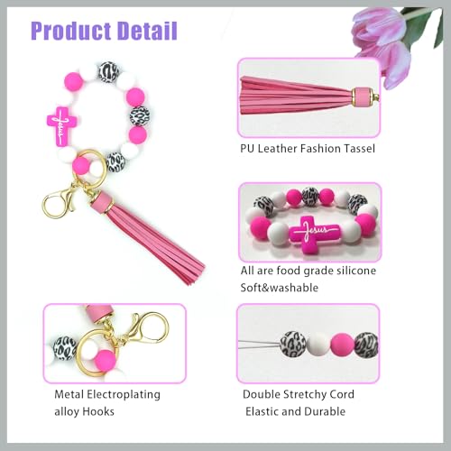 SHINYHARBOR Silicone Beaded Wristlet Keychain Bracelet,Key Wrist Keychains for Women Mom Teachers Best Friend - color: Cross-rose Red&white