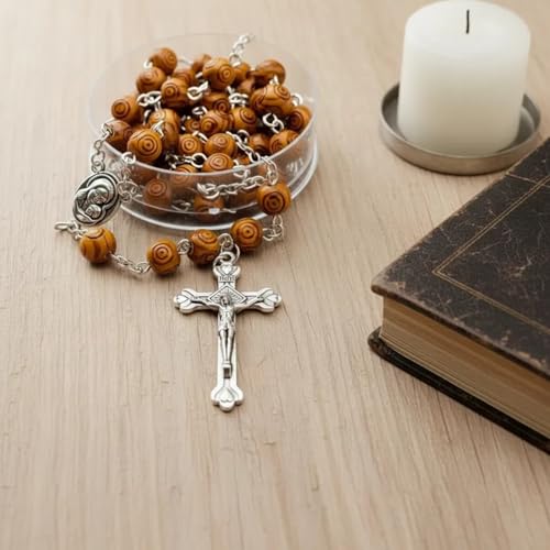 Nazareth Store Natural Olive Wood Rosary Beads Hand Carved Five Decade Catholic Rosary with Jerusalem Holy Soil Medal and Cross Terra Santa Rosaries