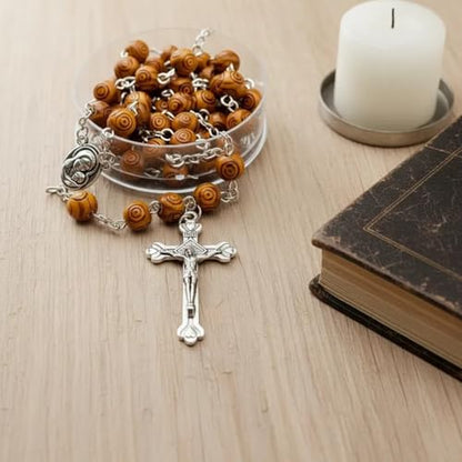Nazareth Store Natural Olive Wood Rosary Beads Hand Carved Five Decade Catholic Rosary with Jerusalem Holy Soil Medal and Cross Terra Santa Rosaries