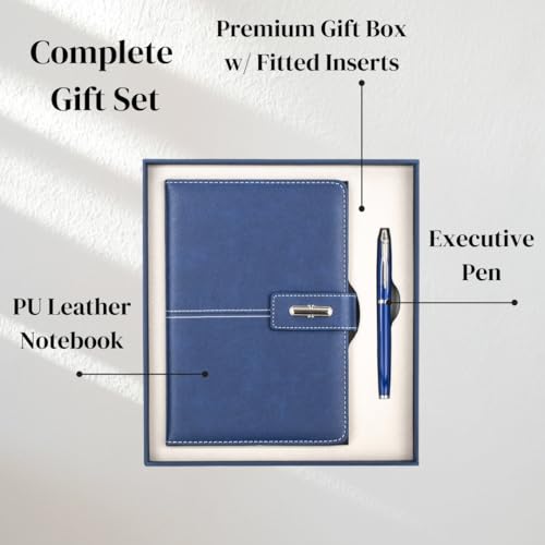 Shadow Breeze A5 Leather Notebook and Executive Pen Gift Set in Premium Gift Box, 172 Pages 100GSM Ruled Pages, Great Gift for Business, School, Home (Navy Blue) - color: Navy Blue