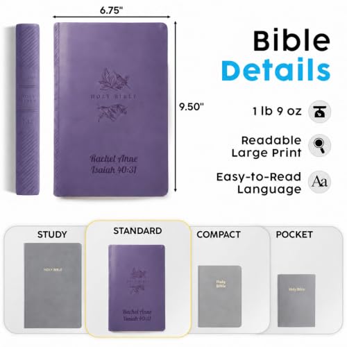 Printualist Personalized NLT Thinline Bible, Custom Engraved Name and Scripture Reference, New Living Translation Text, Botanical Faux Leather Christian Gift for Devotion and Church, Lavender - color: Lavender