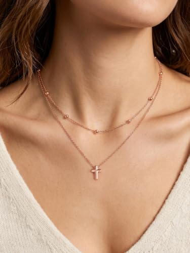 KeyStyle Cross Necklace for Women,Double Layered Gold Cross Pendant - color: Rose Gold