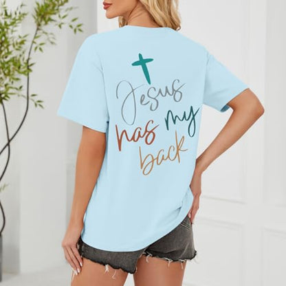 Tuislay Christian Shirts for Women Jesus Has My Back Tshirt God Bible Verse Shirt Faith Cross T Shirts Inspirational Tees Top - color: Light Blue, size: Small