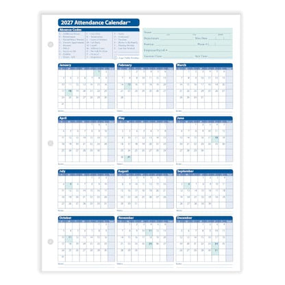 ComplyRight 2027 Attendance Calendar Card, White, Pack of 25 - size: 25 Pack, style: Attendance Calendar Card