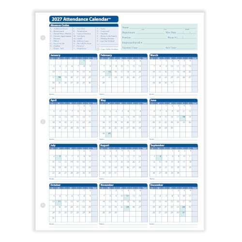 ComplyRight 2027 Attendance Calendar Card, White, Pack of 25 - size: 25 Pack, style: Attendance Calendar Card