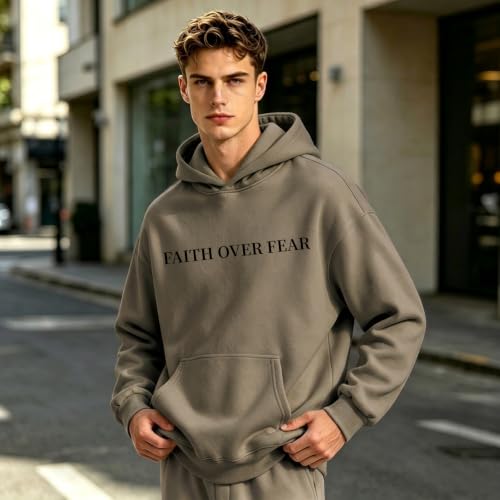 Faith Over Fear Christian Hoodies for Men Religious Jesus Hoodie Bible Verse Graphic Sweatshirt Fleece Pullover - color: Coffee, size: Medium