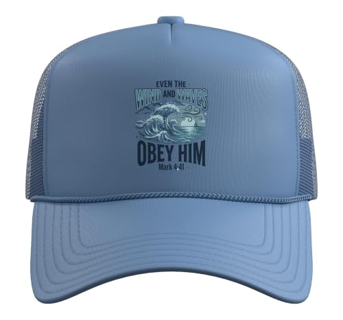 Christian Faith Bible Verse Jesus Wind and Waves Religious Trucker Hat with Adjustable Mesh Back - color: Light Blue
