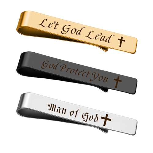 Man Of God Tie Clips 3 Set - Godfather Godson Christmas Engraved Gifts for Men Son Husband Dad Birthday Gifts from Wife - style: encouraging A set