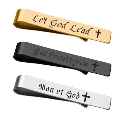 Man Of God Tie Clips 3 Set - Godfather Godson Christmas Engraved Gifts for Men Son Husband Dad Birthday Gifts from Wife - style: encouraging A set