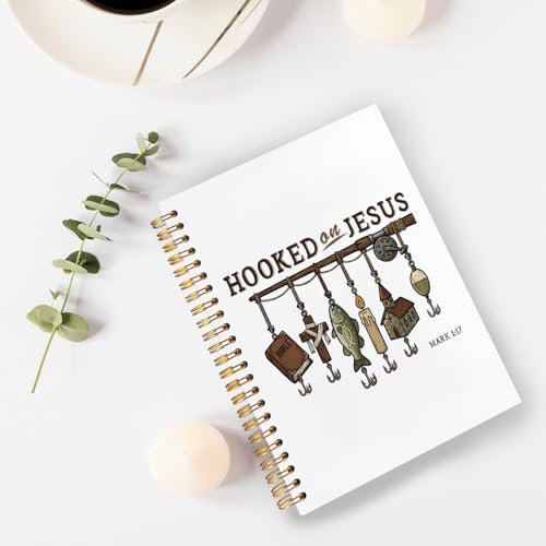 Christian Fishing Spiral Notebook Journal 5.5x8.3in, Faith Journal for Men, Hooked on Jesus Angler Religious Scripture Hardcover Notebook for Church Study Work Office - color: Hooked on Jesus Angler Religious