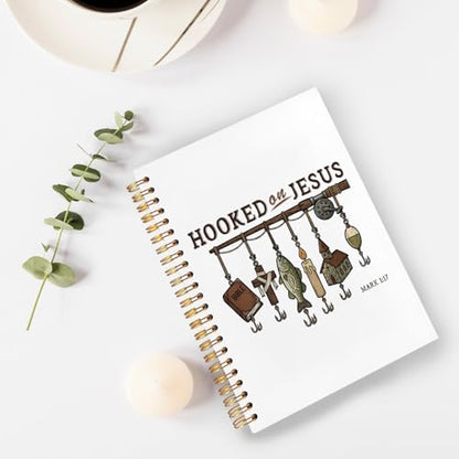 Christian Fishing Spiral Notebook Journal 5.5x8.3in, Faith Journal for Men, Hooked on Jesus Angler Religious Scripture Hardcover Notebook for Church Study Work Office - color: Hooked on Jesus Angler Religious