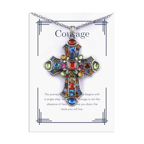Alilang Silver Tone Stained Glass Rhinestone Patonce Cross Pendant Necklace with Religious Message Card & Envelope Christian Jewelry - style: Courage Journey