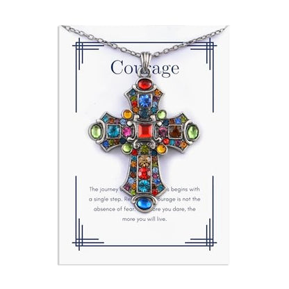 Alilang Silver Tone Stained Glass Rhinestone Patonce Cross Pendant Necklace with Religious Message Card & Envelope Christian Jewelry - style: Courage Journey